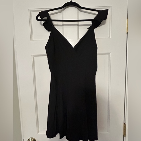 Black V-Neck Mini Dress with Ruffle Straps - Picture 1 of 4